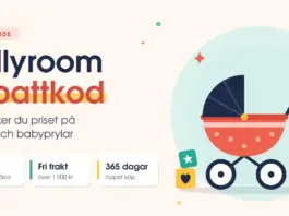 Jollyroom rabattkod – så sänker du priset på barn- och babyprylar Illustration av en korallröd barnvagn med en gul prislapp med procenttecken bredvid rubriken ”Jollyroom rabattkod” och rutor om 150 kr i välkomstgåva, fri frakt över 1 000 kr och 365 dagars öppet köp.