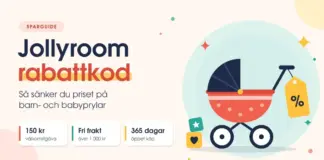 Jollyroom rabattkod – så sänker du priset på barn- och babyprylar Illustration av en korallröd barnvagn med en gul prislapp med procenttecken bredvid rubriken ”Jollyroom rabattkod” och rutor om 150 kr i välkomstgåva, fri frakt över 1 000 kr och 365 dagars öppet köp.