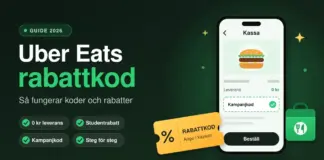 Uber Eats rabattkod – så fungerar koder och rabatter 2026 Grafisk illustration med rubriken "Uber Eats rabattkod" bredvid en mobiltelefon som visar kassan i en matleveransapp med ifylld kampanjkod och 0 kr i leverans, samt en rabattkupong med procenttecken och en grön leveransväska.