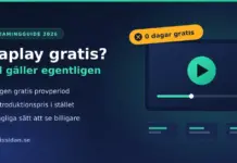Viaplay gratis – finns det och vilka lagliga alternativ funkar? Grafik med rubriken ”Viaplay gratis? Vad gäller egentligen” bredvid en streamingskärm med play-knapp och en gul etikett med texten ”0 dagar gratis”, samt punkterna ingen gratis provperiod, introduktionspris i stället och lagliga sätt att se billigare.