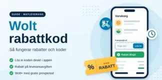 Wolt rabattkod – så fungerar rabatter och koder på Wolt Illustration med rubriken ”Wolt rabattkod” bredvid en mobil som visar ett fält för kampanjkod med knappen ”Lös in”, en grön bekräftelse ”Rabatt tillagd” och en gul rabattkupong med procenttecken.