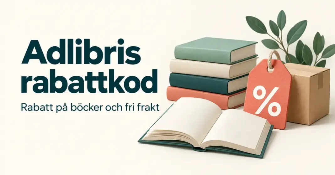 Adlibris rabattkod – så får du rabatt på böcker och fri frakt Illustration av böcker, en rabattetikett med procenttecken och ett paket intill texten ”Adlibris rabattkod – Rabatt på böcker och fri frakt”.