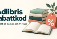 Adlibris rabattkod – så får du rabatt på böcker och fri frakt Illustration av böcker, en rabattetikett med procenttecken och ett paket intill texten ”Adlibris rabattkod – Rabatt på böcker och fri frakt”.