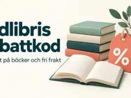 Adlibris rabattkod – så får du rabatt på böcker och fri frakt Illustration av böcker, en rabattetikett med procenttecken och ett paket intill texten ”Adlibris rabattkod – Rabatt på böcker och fri frakt”.