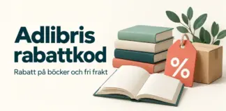 Adlibris rabattkod – så får du rabatt på böcker och fri frakt Illustration av böcker, en rabattetikett med procenttecken och ett paket intill texten ”Adlibris rabattkod – Rabatt på böcker och fri frakt”.