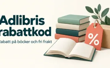 Adlibris rabattkod – så får du rabatt på böcker och fri frakt Illustration av böcker, en rabattetikett med procenttecken och ett paket intill texten ”Adlibris rabattkod – Rabatt på böcker och fri frakt”.