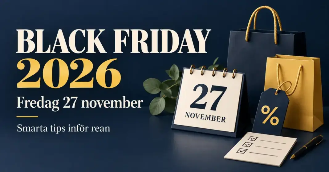 Black Friday 2026 – datum, bästa erbjudanden och så förbereder du dig Grafik för Black Friday 2026 med datumet fredag 27 november, shoppingkassar, en kalender, en prislapp med procenttecken och en checklista.