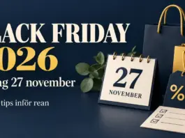Black Friday 2026 – datum, bästa erbjudanden och så förbereder du dig Grafik för Black Friday 2026 med datumet fredag 27 november, shoppingkassar, en kalender, en prislapp med procenttecken och en checklista.