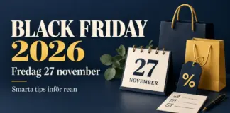 Black Friday 2026 – datum, bästa erbjudanden och så förbereder du dig Grafik för Black Friday 2026 med datumet fredag 27 november, shoppingkassar, en kalender, en prislapp med procenttecken och en checklista.
