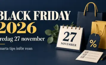 Black Friday 2026 – datum, bästa erbjudanden och så förbereder du dig Grafik för Black Friday 2026 med datumet fredag 27 november, shoppingkassar, en kalender, en prislapp med procenttecken och en checklista.