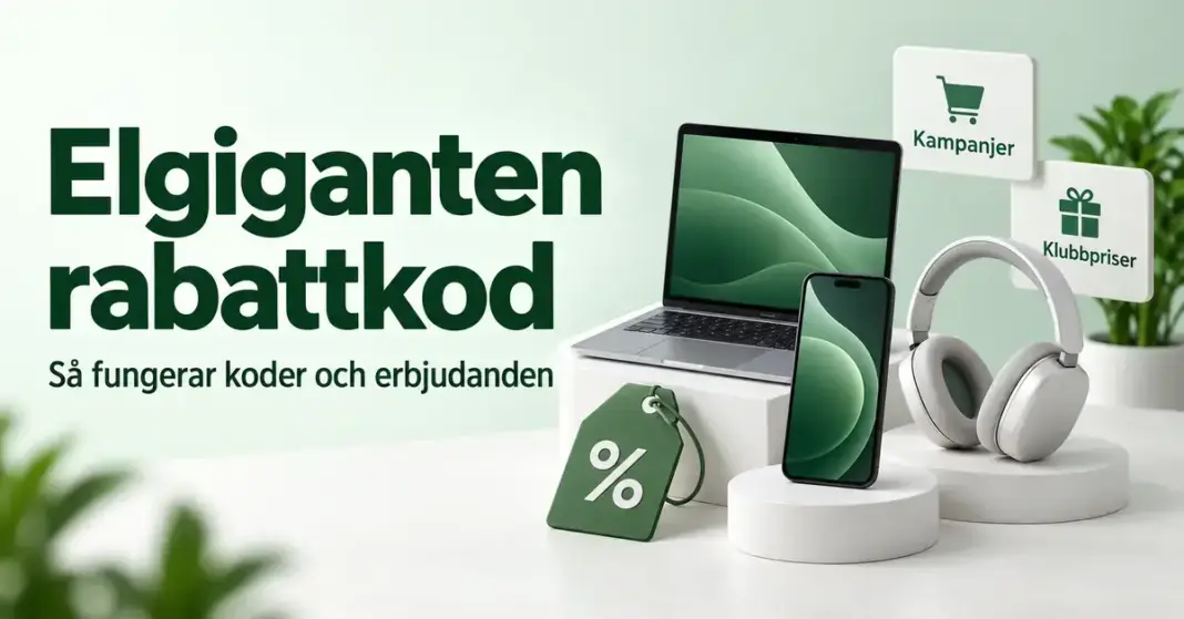 Illustration med en bärbar dator, mobiltelefon, hörlurar och en prislapp med procenttecken intill text om Elgigantens rabattkoder, kampanjer och klubbpriser.