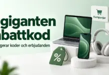 Elgiganten rabattkod – så fungerar koder och erbjudanden på elektronik Illustration med en bärbar dator, mobiltelefon, hörlurar och en prislapp med procenttecken intill text om Elgigantens rabattkoder, kampanjer och klubbpriser.