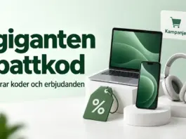 Elgiganten rabattkod – så fungerar koder och erbjudanden på elektronik Illustration med en bärbar dator, mobiltelefon, hörlurar och en prislapp med procenttecken intill text om Elgigantens rabattkoder, kampanjer och klubbpriser.