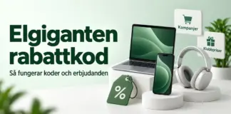 Elgiganten rabattkod – så fungerar koder och erbjudanden på elektronik Illustration med en bärbar dator, mobiltelefon, hörlurar och en prislapp med procenttecken intill text om Elgigantens rabattkoder, kampanjer och klubbpriser.
