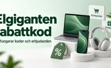 Elgiganten rabattkod – så fungerar koder och erbjudanden på elektronik Illustration med en bärbar dator, mobiltelefon, hörlurar och en prislapp med procenttecken intill text om Elgigantens rabattkoder, kampanjer och klubbpriser.