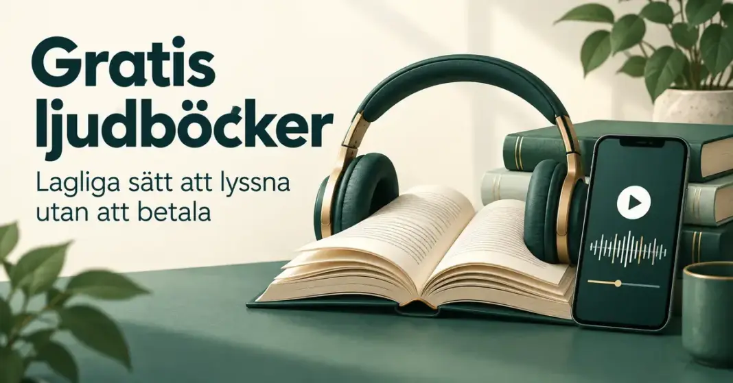 Gratis ljudböcker – lagliga sätt att lyssna utan att betala Hörlurar runt en öppen bok och en mobil med ljudboksspelare bredvid texten ”Gratis ljudböcker – Lagliga sätt att lyssna utan att betala”.