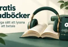 Gratis ljudböcker – lagliga sätt att lyssna utan att betala Hörlurar runt en öppen bok och en mobil med ljudboksspelare bredvid texten ”Gratis ljudböcker – Lagliga sätt att lyssna utan att betala”.