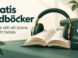 Gratis ljudböcker – lagliga sätt att lyssna utan att betala Hörlurar runt en öppen bok och en mobil med ljudboksspelare bredvid texten ”Gratis ljudböcker – Lagliga sätt att lyssna utan att betala”.
