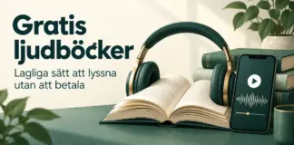 Gratis ljudböcker – lagliga sätt att lyssna utan att betala Hörlurar runt en öppen bok och en mobil med ljudboksspelare bredvid texten ”Gratis ljudböcker – Lagliga sätt att lyssna utan att betala”.