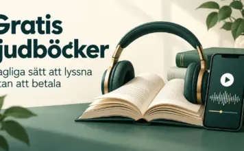 Gratis ljudböcker – lagliga sätt att lyssna utan att betala Hörlurar runt en öppen bok och en mobil med ljudboksspelare bredvid texten ”Gratis ljudböcker – Lagliga sätt att lyssna utan att betala”.