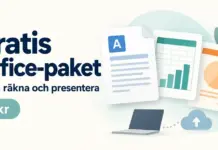 Gratis Office-paket – bästa kostnadsfria alternativen till Word och Excel Illustration av ett gratis Office-paket med dokument, kalkylblad och presentation samt en bärbar dator och en molnsymbol.