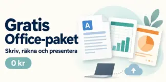 Gratis Office-paket – bästa kostnadsfria alternativen till Word och Excel Illustration av ett gratis Office-paket med dokument, kalkylblad och presentation samt en bärbar dator och en molnsymbol.