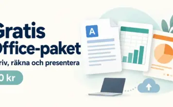Gratis Office-paket – bästa kostnadsfria alternativen till Word och Excel Illustration av ett gratis Office-paket med dokument, kalkylblad och presentation samt en bärbar dator och en molnsymbol.