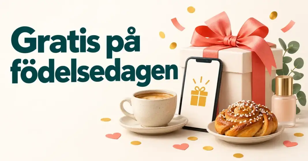 Gratis på födelsedagen – butiker och appar som bjuder på presenter Illustration med texten ”Gratis på födelsedagen”, ett inslaget paket, en mobil med presentsymbol, en kopp kaffe, en kanelbulle och en skönhetsprodukt.