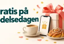 Gratis på födelsedagen – butiker och appar som bjuder på presenter Illustration med texten ”Gratis på födelsedagen”, ett inslaget paket, en mobil med presentsymbol, en kopp kaffe, en kanelbulle och en skönhetsprodukt.