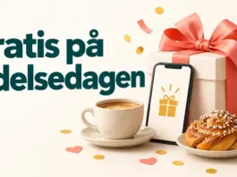 Gratis på födelsedagen – butiker och appar som bjuder på presenter Illustration med texten ”Gratis på födelsedagen”, ett inslaget paket, en mobil med presentsymbol, en kopp kaffe, en kanelbulle och en skönhetsprodukt.