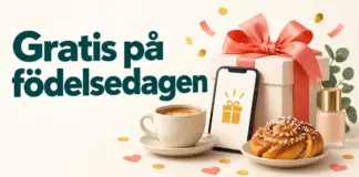Gratis på födelsedagen – butiker och appar som bjuder på presenter Illustration med texten ”Gratis på födelsedagen”, ett inslaget paket, en mobil med presentsymbol, en kopp kaffe, en kanelbulle och en skönhetsprodukt.