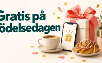 Gratis på födelsedagen – butiker och appar som bjuder på presenter Illustration med texten ”Gratis på födelsedagen”, ett inslaget paket, en mobil med presentsymbol, en kopp kaffe, en kanelbulle och en skönhetsprodukt.