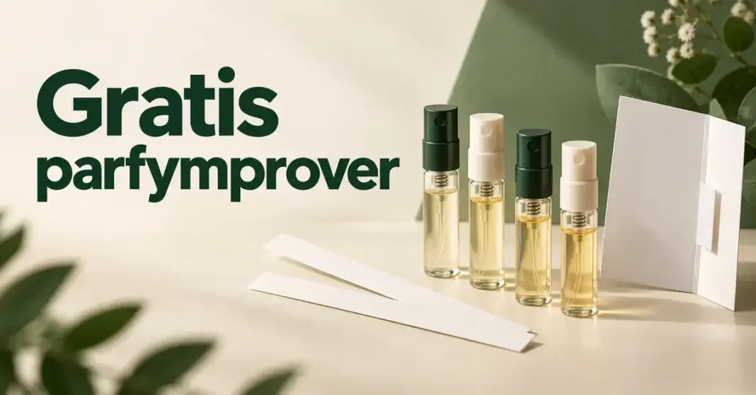 Gratis parfymprover – så får du doftprover utan att betala Fyra små parfymprover med gyllene vätska står bredvid doftstickor och ett vitt provkort under rubriken ”Gratis parfymprover”.