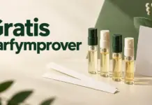 Gratis parfymprover – så får du doftprover utan att betala Fyra små parfymprover med gyllene vätska står bredvid doftstickor och ett vitt provkort under rubriken ”Gratis parfymprover”.