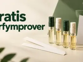 Gratis parfymprover – så får du doftprover utan att betala Fyra små parfymprover med gyllene vätska står bredvid doftstickor och ett vitt provkort under rubriken ”Gratis parfymprover”.