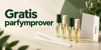 Gratis parfymprover – så får du doftprover utan att betala Fyra små parfymprover med gyllene vätska står bredvid doftstickor och ett vitt provkort under rubriken ”Gratis parfymprover”.