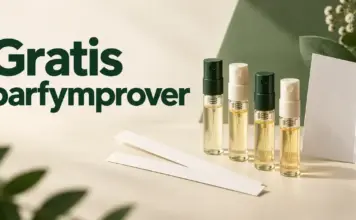 Gratis parfymprover – så får du doftprover utan att betala Fyra små parfymprover med gyllene vätska står bredvid doftstickor och ett vitt provkort under rubriken ”Gratis parfymprover”.
