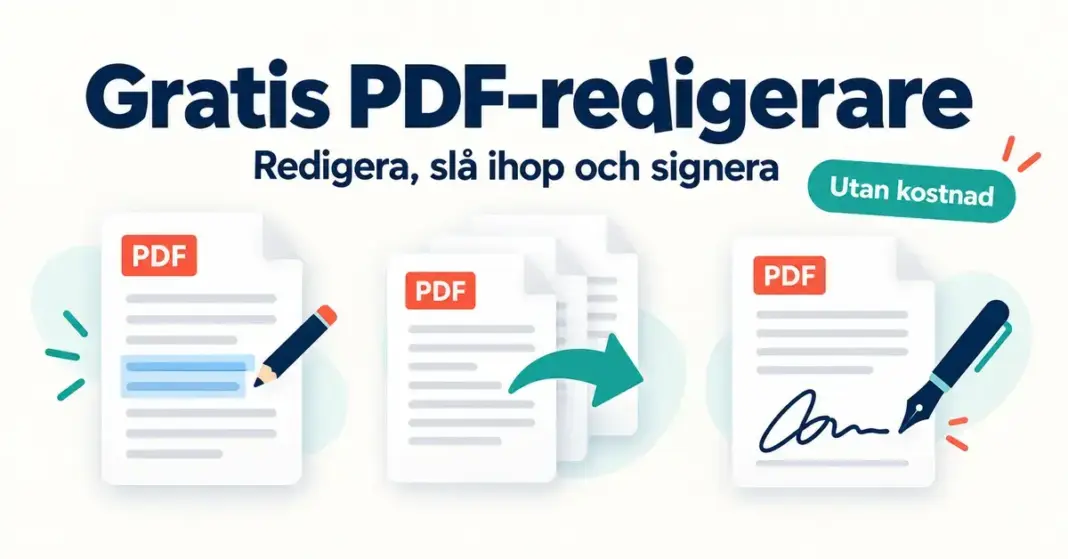 Illustration av PDF-dokument med penna, sammanfogningspil och namnteckning som visar hur PDF-filer kan redigeras, slås ihop och signeras gratis.
