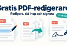 Gratis PDF-redigerare – redigera, slå ihop och signera utan kostnad Illustration av PDF-dokument med penna, sammanfogningspil och namnteckning som visar hur PDF-filer kan redigeras, slås ihop och signeras gratis.
