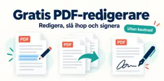Gratis PDF-redigerare – redigera, slå ihop och signera utan kostnad Illustration av PDF-dokument med penna, sammanfogningspil och namnteckning som visar hur PDF-filer kan redigeras, slås ihop och signeras gratis.