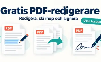 Gratis PDF-redigerare – redigera, slå ihop och signera utan kostnad Illustration av PDF-dokument med penna, sammanfogningspil och namnteckning som visar hur PDF-filer kan redigeras, slås ihop och signeras gratis.