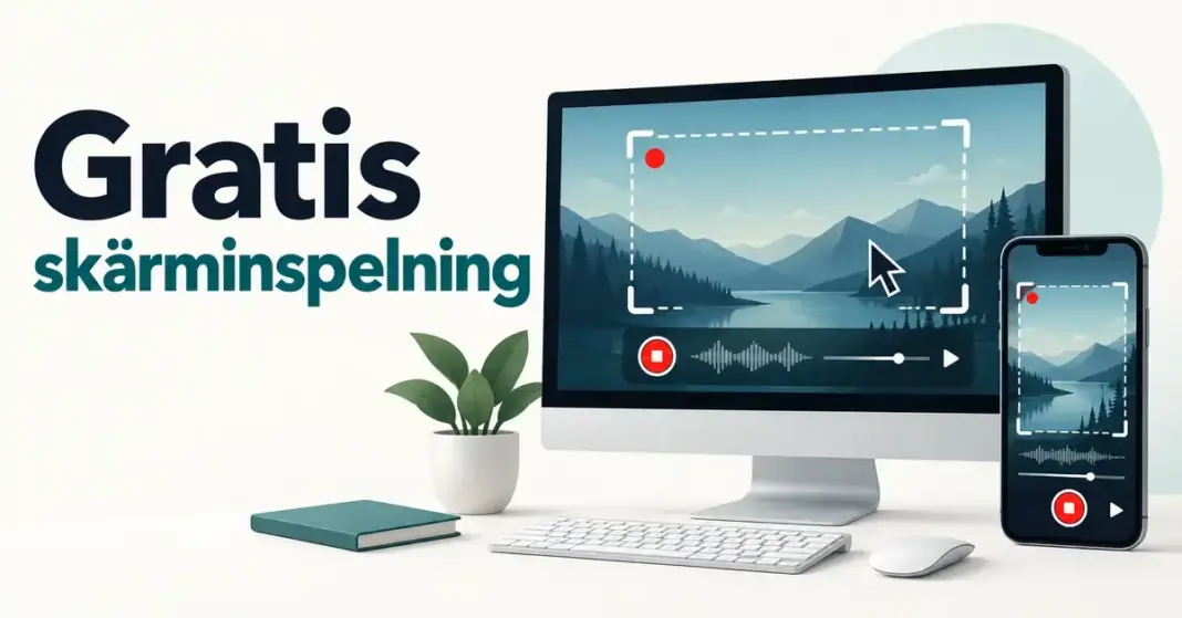 Gratis skärminspelning – bästa programmen för att spela in skärmen Illustration av en dator och en mobil med inspelningssymboler och markerade skärmområden bredvid texten ”Gratis skärminspelning”.