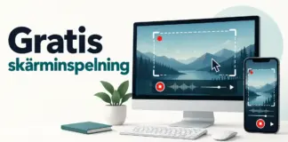 Gratis skärminspelning – bästa programmen för att spela in skärmen Illustration av en dator och en mobil med inspelningssymboler och markerade skärmområden bredvid texten ”Gratis skärminspelning”.