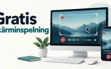 Gratis skärminspelning – bästa programmen för att spela in skärmen Illustration av en dator och en mobil med inspelningssymboler och markerade skärmområden bredvid texten ”Gratis skärminspelning”.