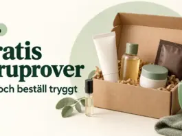 Gratis varuprover – så hittar och beställer du kostnadsfria prover 2026 En öppen kartong med små produktprover och en grön sköld med bock bredvid texten ”Gratis varuprover – Hitta och beställ tryggt” och årtalet 2026.
