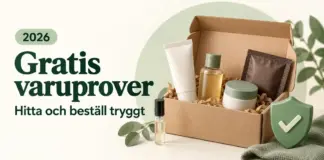 Gratis varuprover – så hittar och beställer du kostnadsfria prover 2026 En öppen kartong med små produktprover och en grön sköld med bock bredvid texten ”Gratis varuprover – Hitta och beställ tryggt” och årtalet 2026.