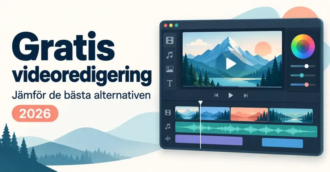 Gratis videoredigeringsprogram – jämför de bästa alternativen 2026 Illustration av ett videoredigeringsprogram med förhandsvisning, färghjul och tidslinje intill texten ”Gratis videoredigering – Jämför de bästa alternativen 2026”.