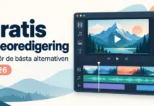 Gratis videoredigeringsprogram – jämför de bästa alternativen 2026 Illustration av ett videoredigeringsprogram med förhandsvisning, färghjul och tidslinje intill texten ”Gratis videoredigering – Jämför de bästa alternativen 2026”.