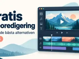Gratis videoredigeringsprogram – jämför de bästa alternativen 2026 Illustration av ett videoredigeringsprogram med förhandsvisning, färghjul och tidslinje intill texten ”Gratis videoredigering – Jämför de bästa alternativen 2026”.
