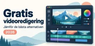 Gratis videoredigeringsprogram – jämför de bästa alternativen 2026 Illustration av ett videoredigeringsprogram med förhandsvisning, färghjul och tidslinje intill texten ”Gratis videoredigering – Jämför de bästa alternativen 2026”.